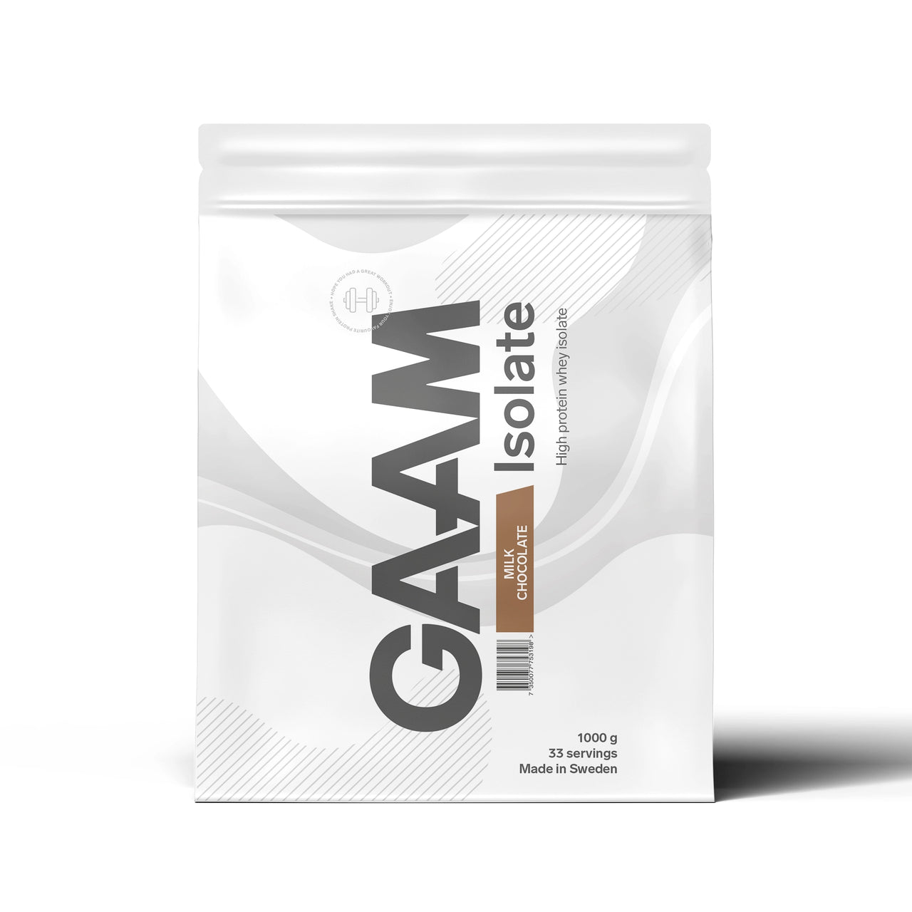 GAAM Isolate 1 kg -proteiinijauhe valkoisessa pussissa harmailla ja ruskeilla yksityiskohdilla, makuna Milk Chocolate.