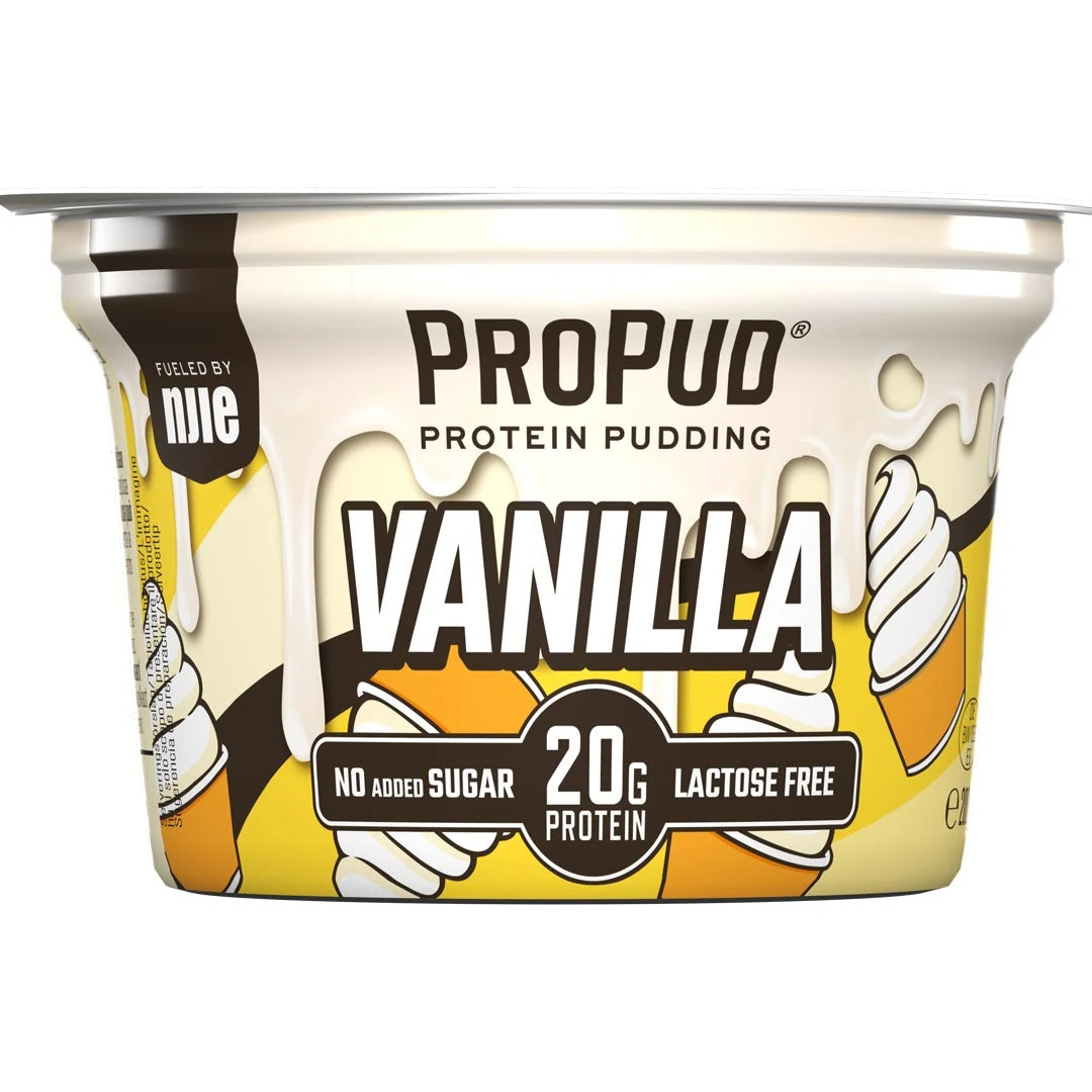 NJIE ProPud 200 g -proteiinivanukas kelta-valkoisessa rasiassa ruskeilla yksityiskohdilla, makuna Vanilla.