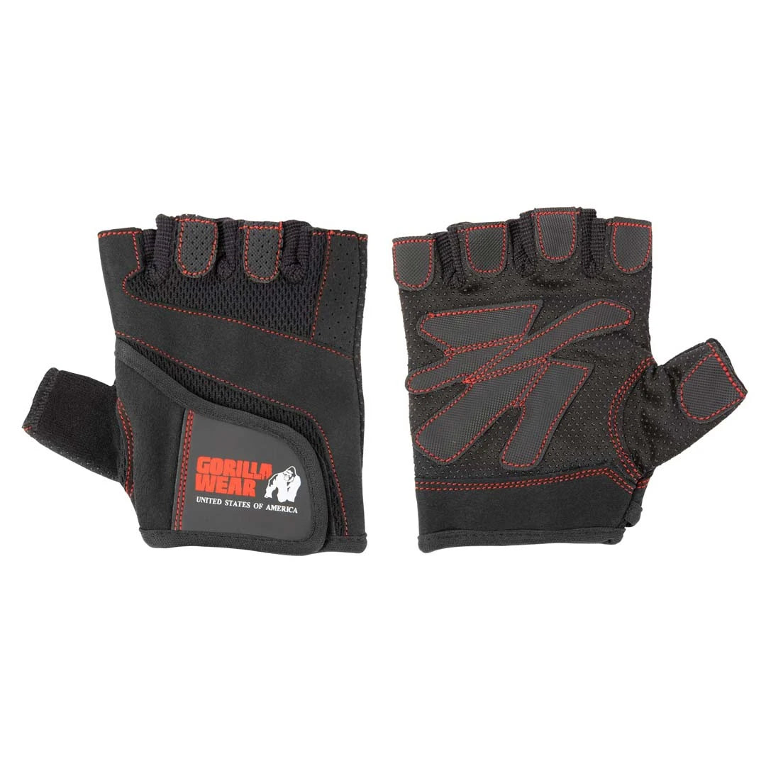 Mustat Gorilla Wear Womens Fitness Gloves Black/Red -treenihanskat, joissa on punaiset tikkaukset, mesh ja tarrakiinnitys.
