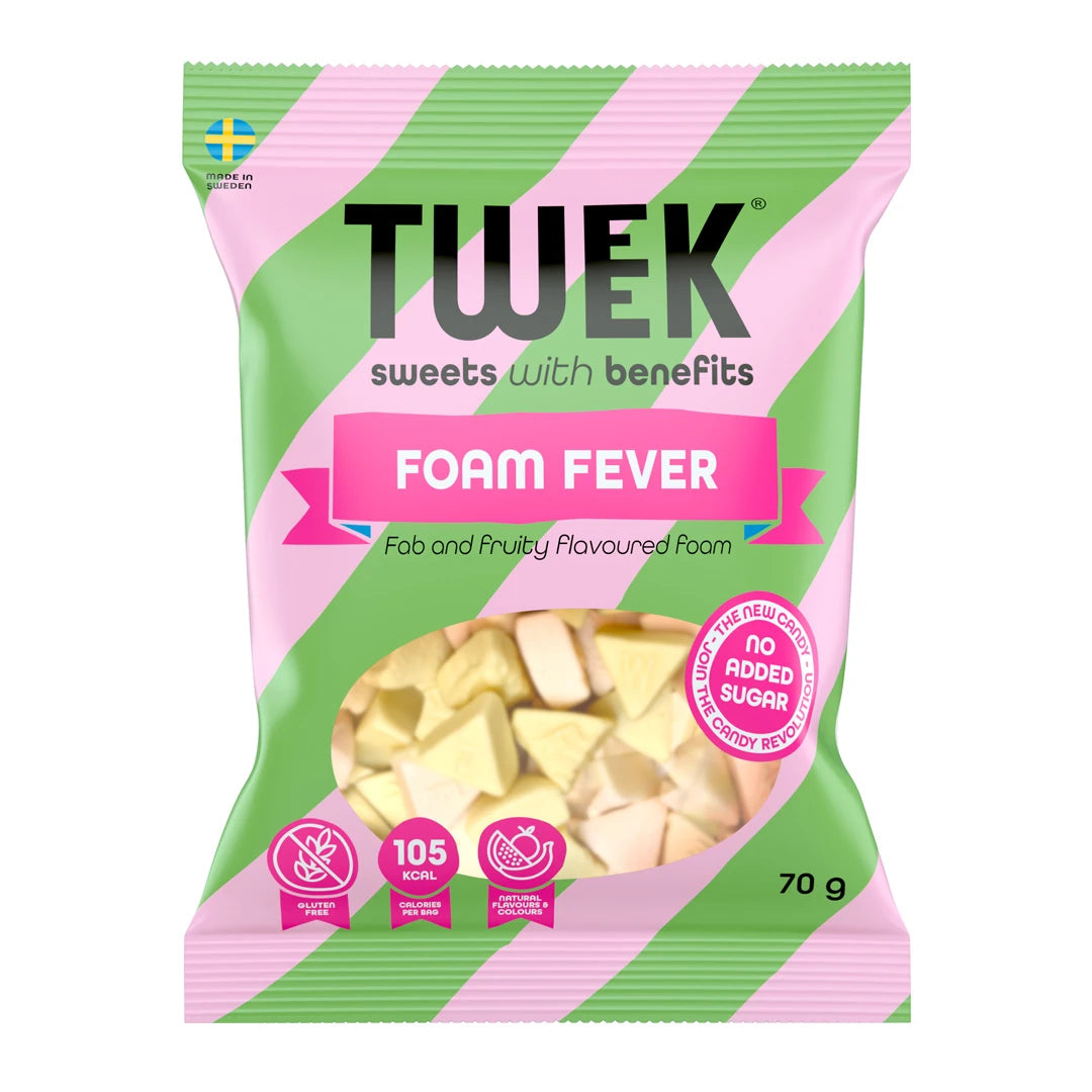 Tweek Sweets 70 g -vaahtokarkkeja vaaleanpuna- ja vihreäraidallisessa pussissa, makuna Foam Fever.
