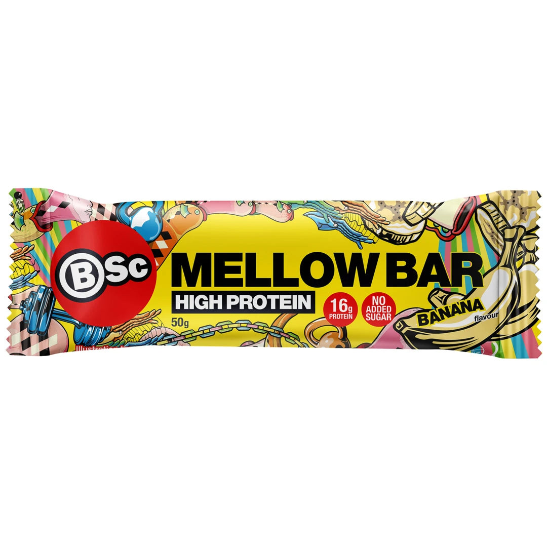 BSc Mellow Bar 50 g -proteiinipatukka keltaisessa pakkauksessa värikkäillä yksityiskohdilla, makuna Banana.