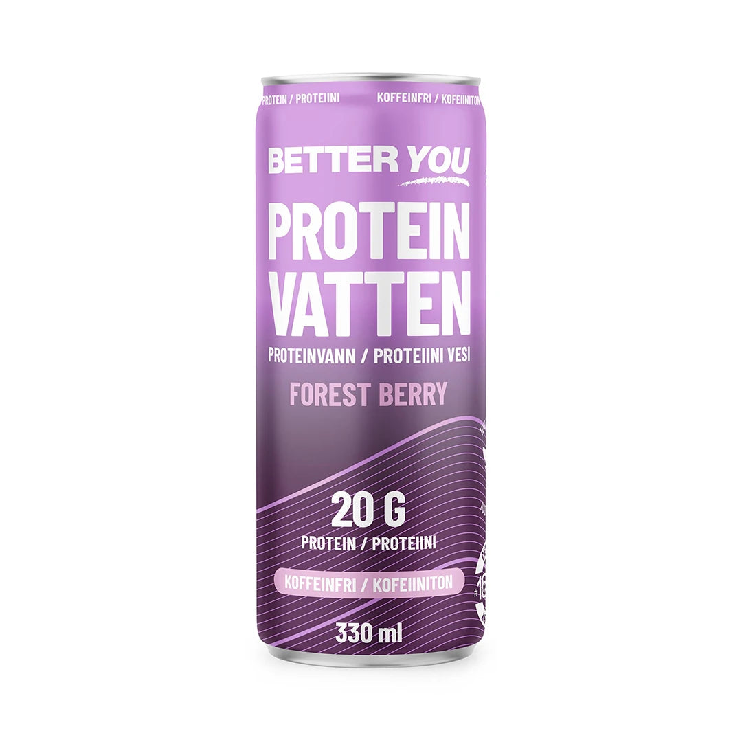 Better You Proteiinivesi 330 ml violetissa tölkissä valkoisilla yksityiskohdilla, makuna kofeiiniton Forest Berry.