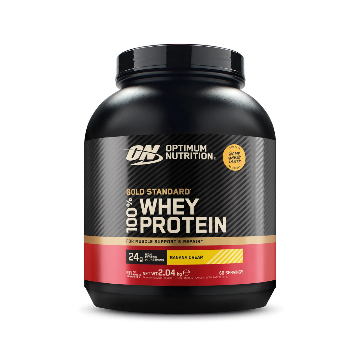 Optimum Nutrition 100% Whey Gold Standard 2 kg -proteiinijauhe mustassa purkissa punaisella etiketillä, makuna Banana Cream.