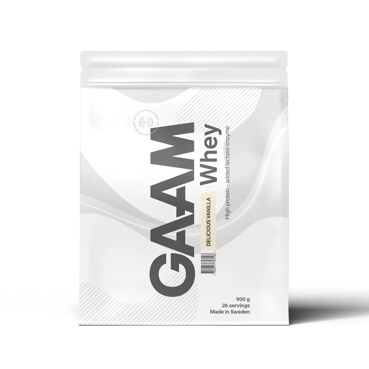 Valkoinen pussi GAAM Whey 900 g -proteiinijauhetta maussa Delicious Vanilla.