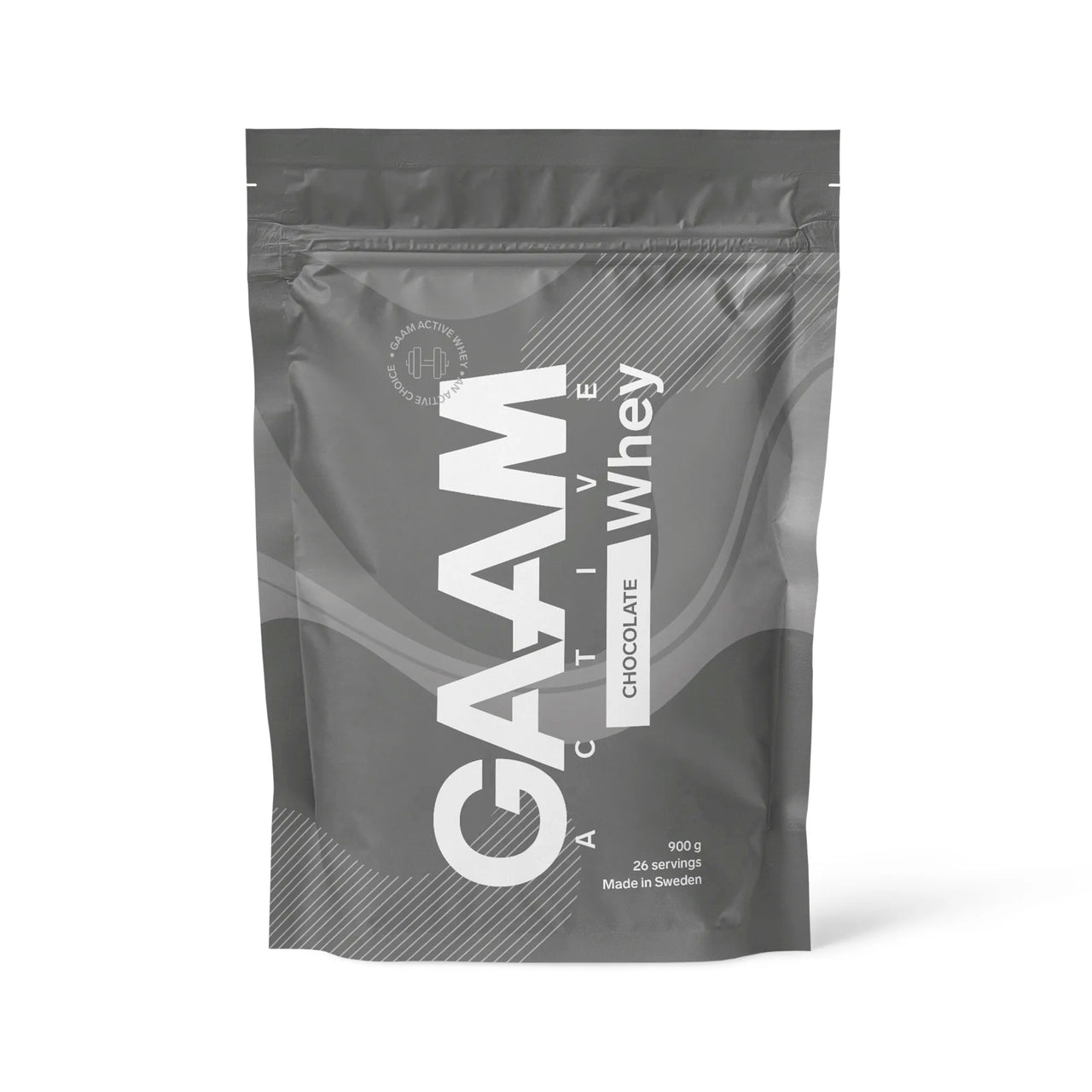 GAAM Active Whey 900 g -proteiinijauhe tummanharmaassa pussissa valkoisella tekstillä, makuna Chocolate.