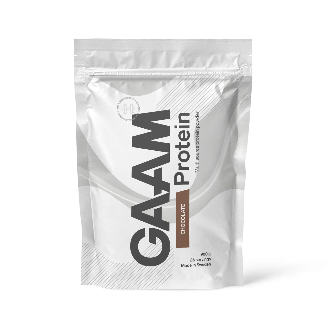 GAAM Protein 900 g -proteiinijauhe valkoisessa pussissa ruskeilla yksityiskohdilla, makuna Chocolate.