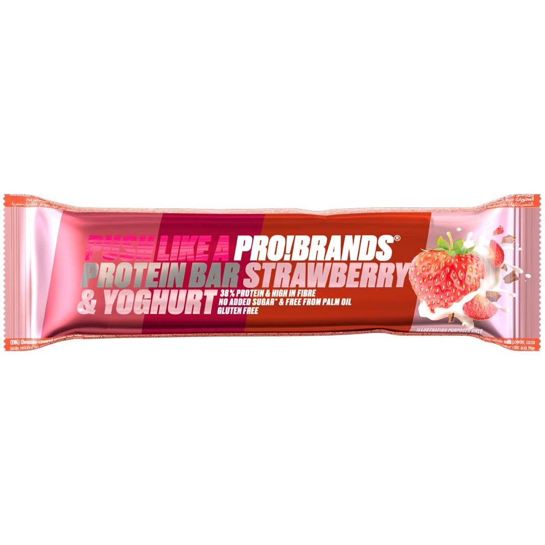 Pro Brands Proteinbar 45 g kiiltävässä vaaleanpunaisessa ja punaisessa pakkauksessa, makuna Strawberry Yoghurt.