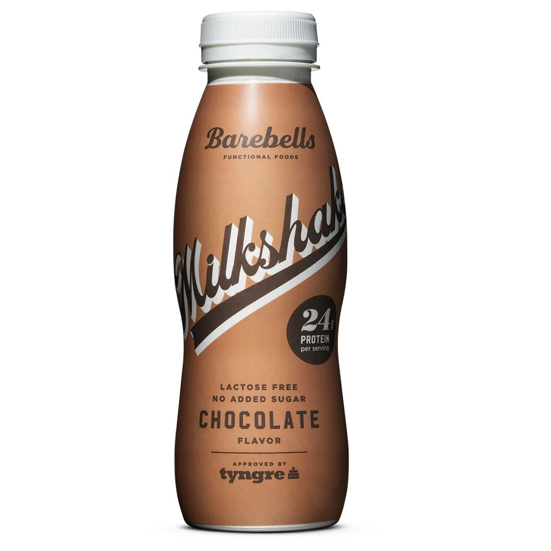 Barebells Milkshake 330 ml -proteiinijuoma ruskeassa pullossa, makuna Chocolate.