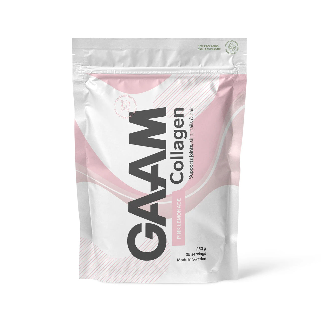 GAAM Collagen 250 g -kollageenijauhe valkoisessa pussissa vaaleanpunaisilla yksityiskohdilla, makuna Pink Lemonade.
