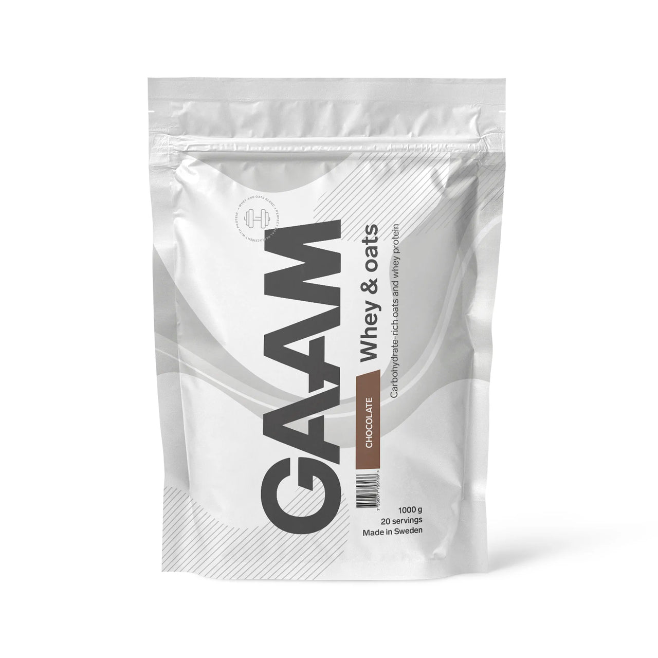 GAAM Whey & Oats 1 kg -proteiinijauhe valkoisessa pussissa harmailla ja ruskeilla yksityiskohdilla, makuna suklaa.