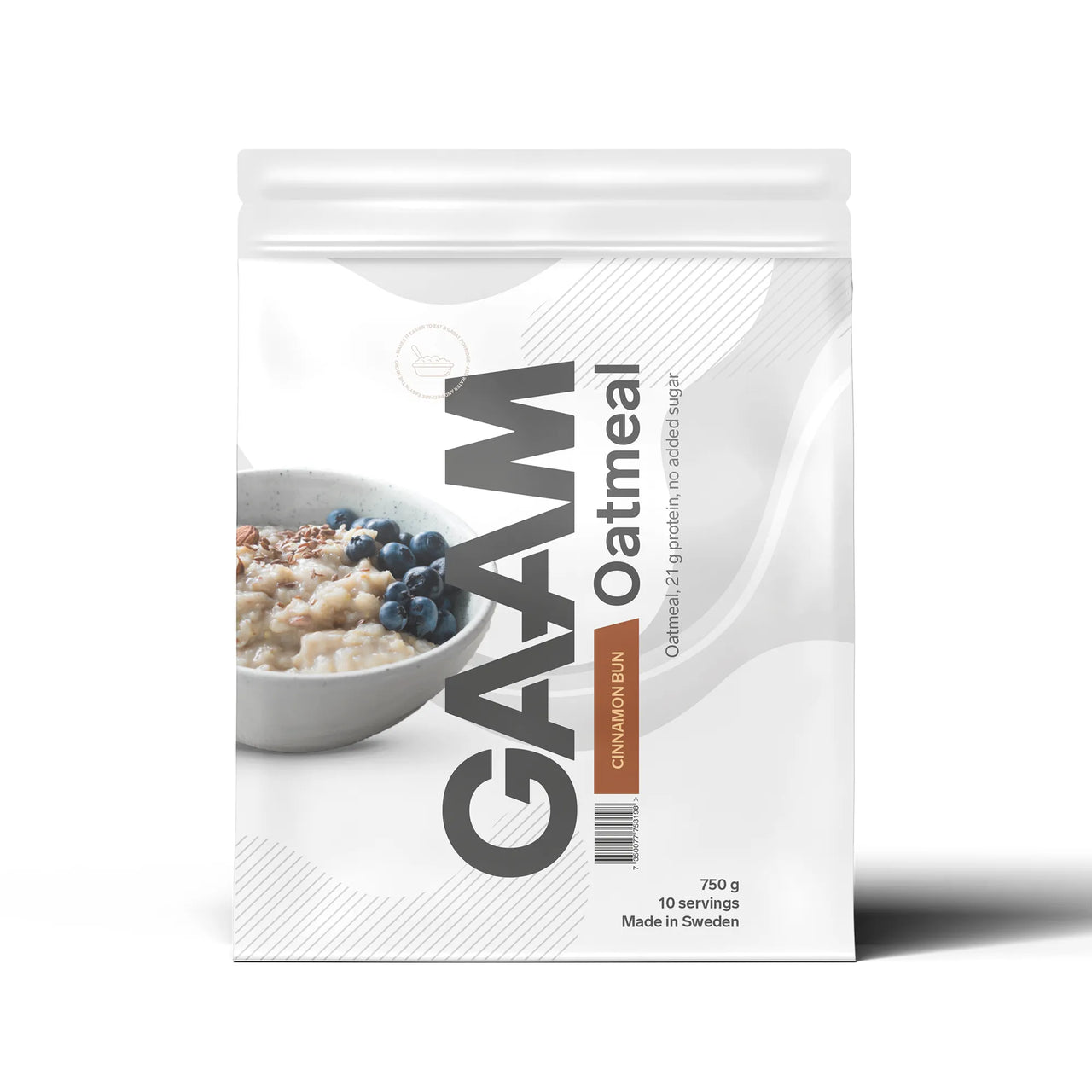 GAAM Oatmeal 750 g -proteiinipuuro valkoisessa pussissa harmailla ja ruskeilla yksityiskohdilla, makuna Cinnamon Bun.