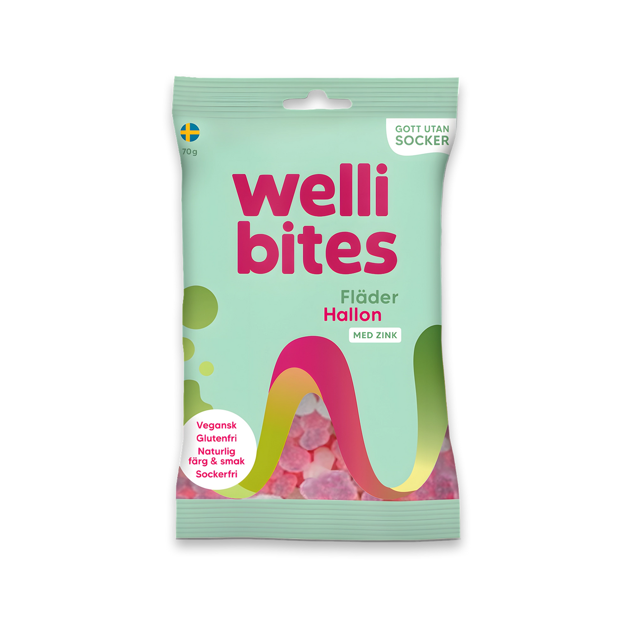 Wellibites Candy 70 g -sokeriton karkki vaaleanvihreässä pussissa vaaleanpunaisilla yksityiskohdilla, makuna seljanmarja vadelma.