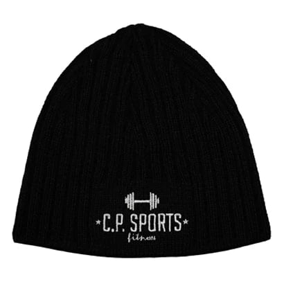 C.P. Sports Beanie White - musta joustinneulepipo, jonka etuosassa on valkoinen brodeerattu logo.