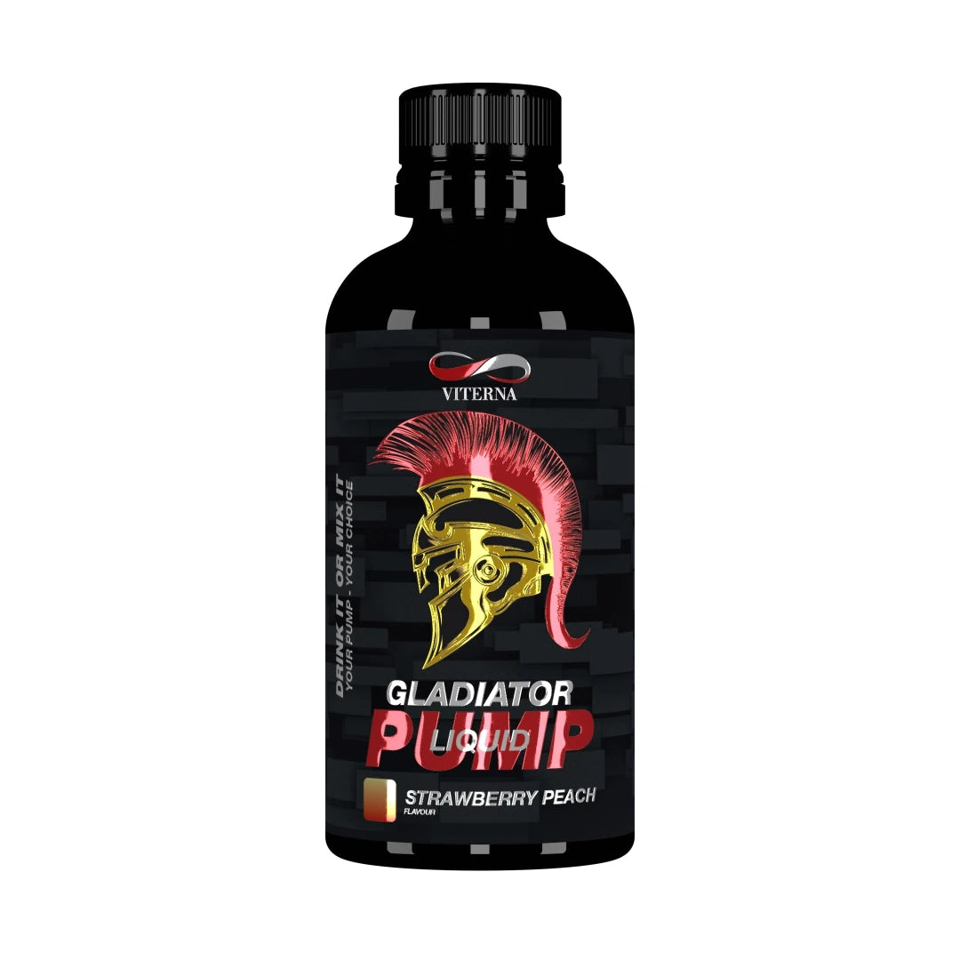 Viterna Gladiator Pump Liquid 500 ml mustassa pullossa punakultaisella gladiaattorikypärällä, makuna Strawberry Peach.