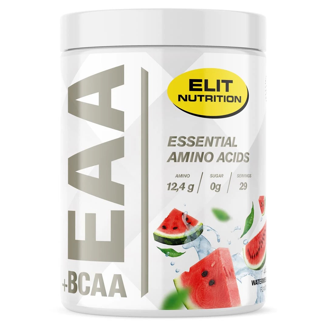Elit Nutrition EAA + BCAA 400 g -aminohappoja valkoisessa purkissa vesimelonikuvituksella, makuna Watermelon.