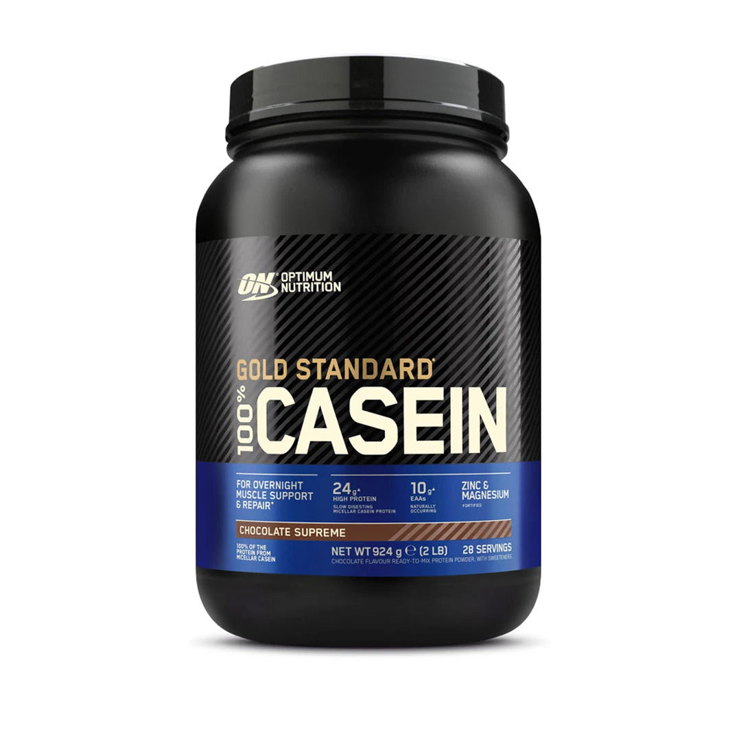 Optimum Nutrition 100% Casein Gold Standard 908 g -kaseiiniproteiini mustassa purkissa, jossa on sinisiä yksityiskohtia.