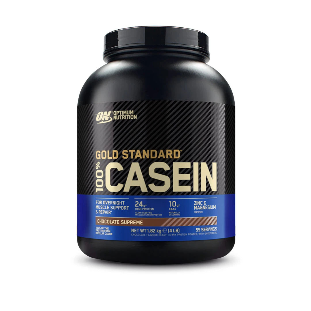 Optimum Nutrition 100% Casein Gold Standard 1,8 kg mustassa purkissa sinisillä yksityiskohdilla, makuna Chocolate Supreme.