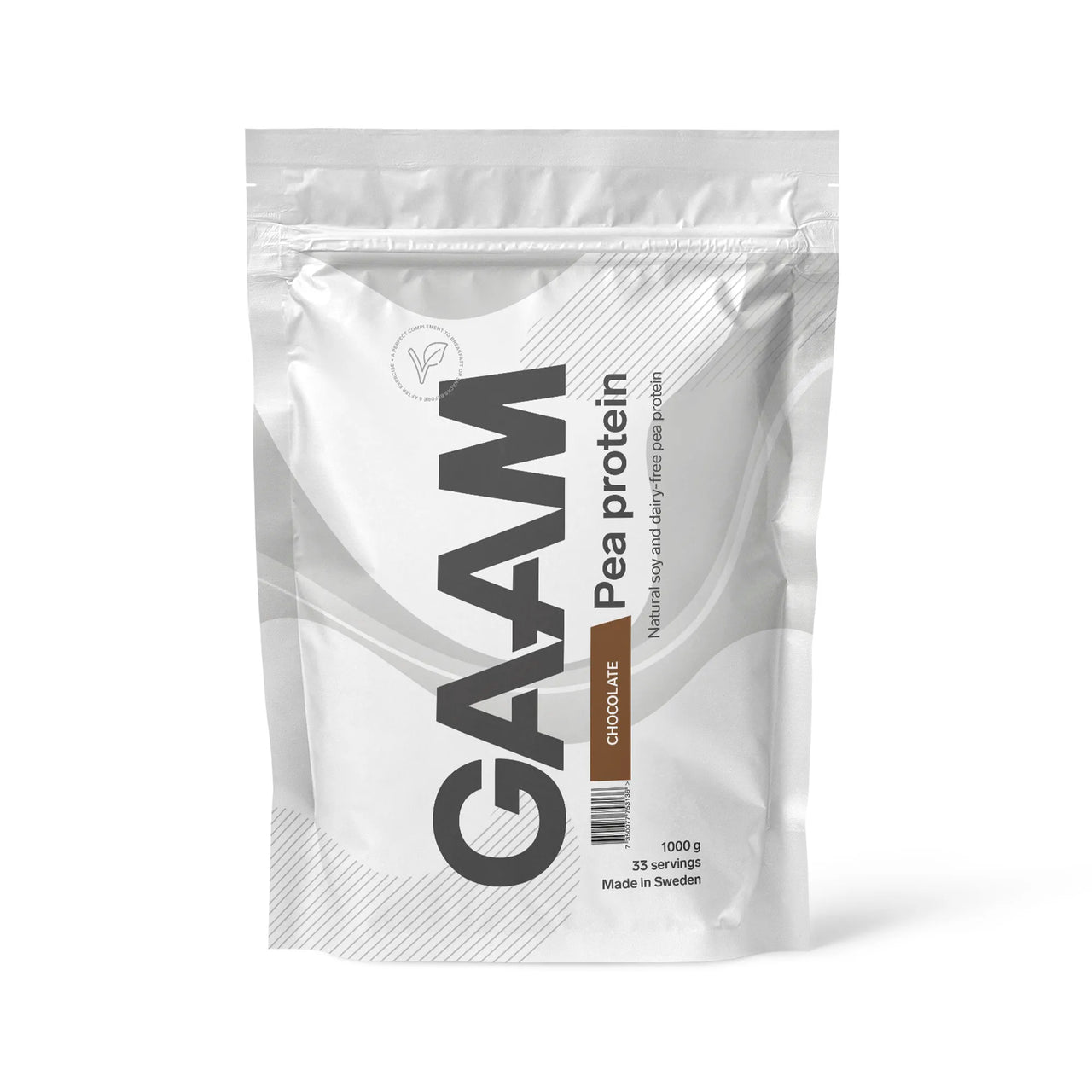 GAAM Pea Protein 1 kg -vegaaninen proteiinijauhe valkoisessa pussissa harmailla yksityiskohdilla, makuna Chocolate.