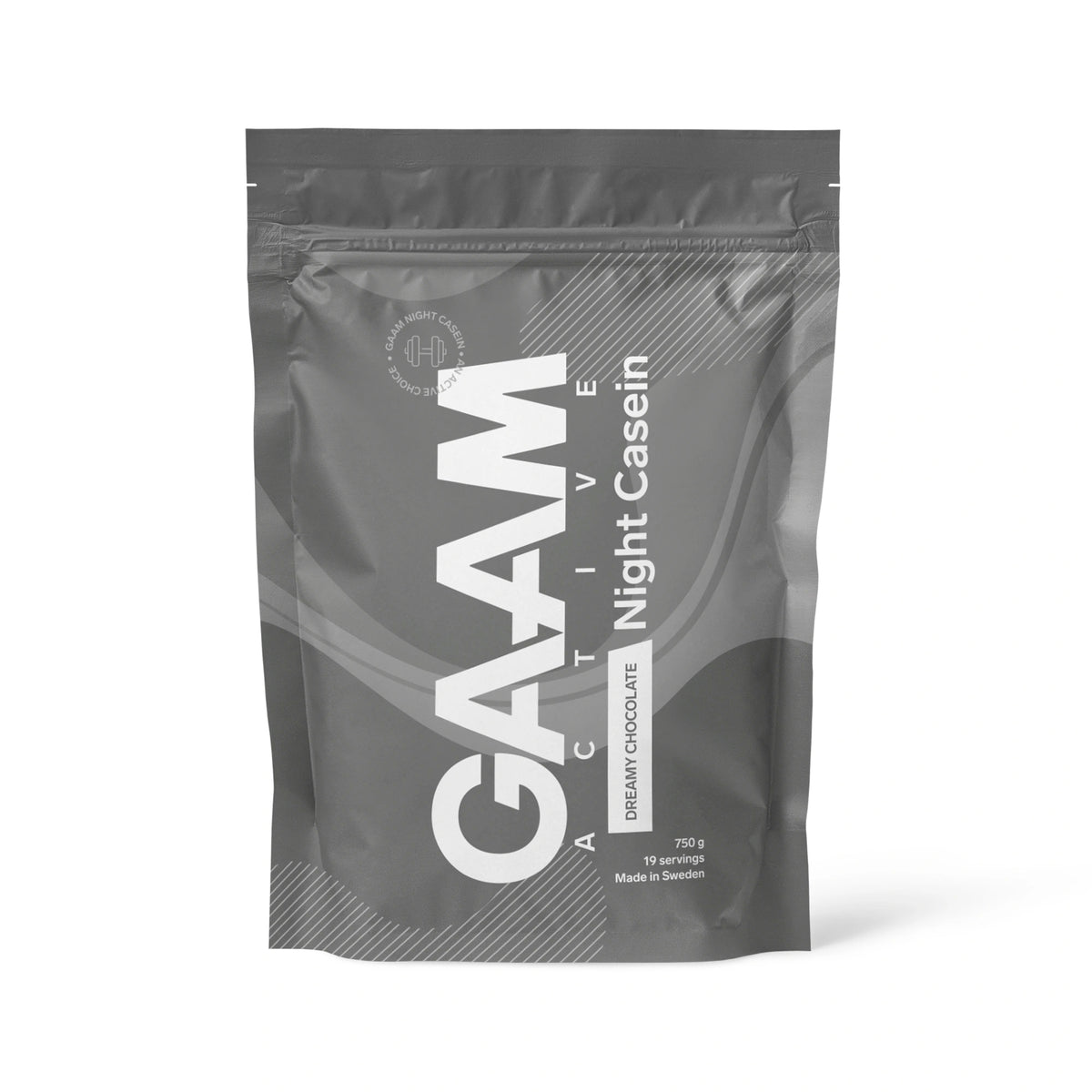 GAAM Active Night Casein 750 g -kaseiiniproteiini tummanharmaassa pussissa, makuna Dreamy Chocolate.