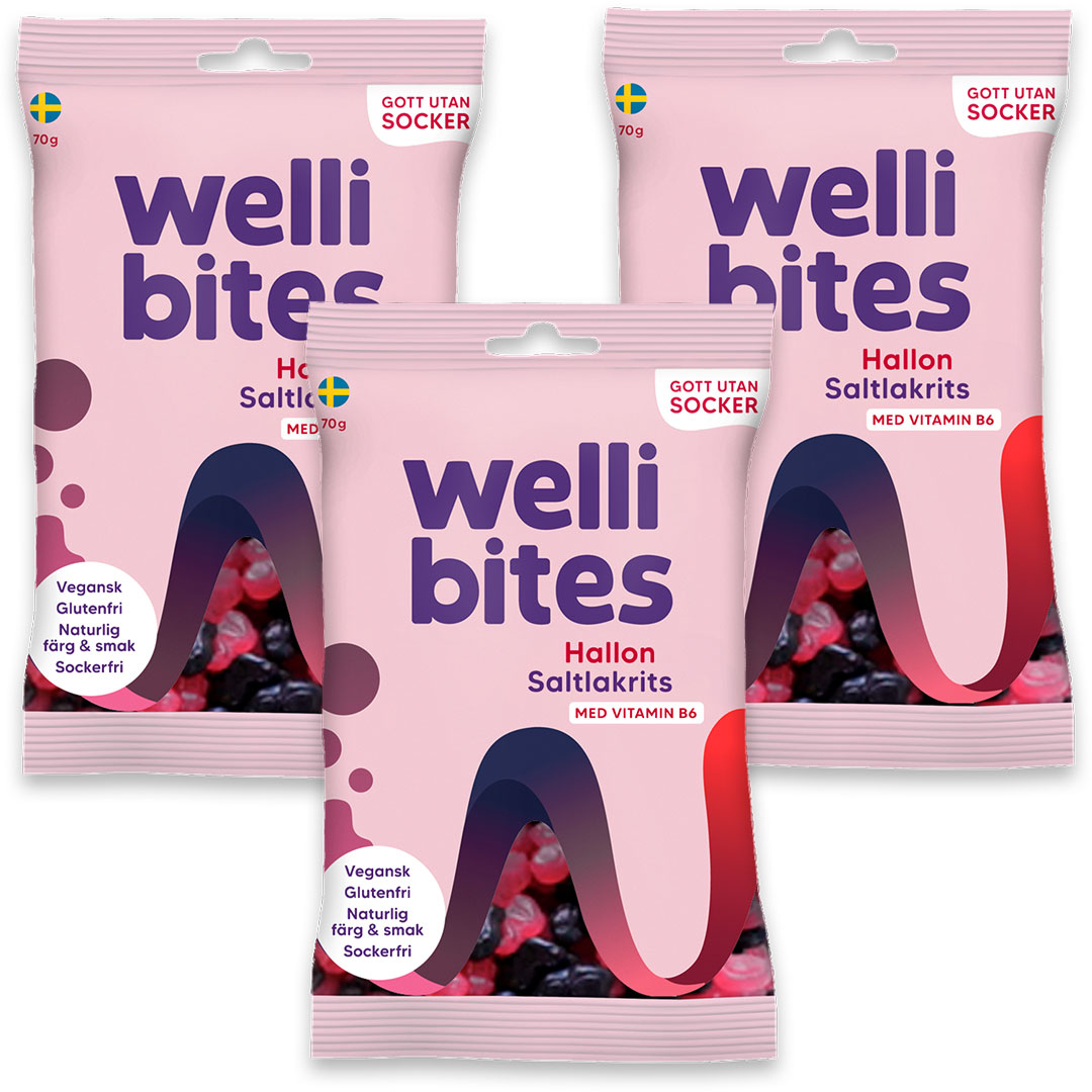 3 x Wellibites Candy 70 g Hallon & Saltlakrits