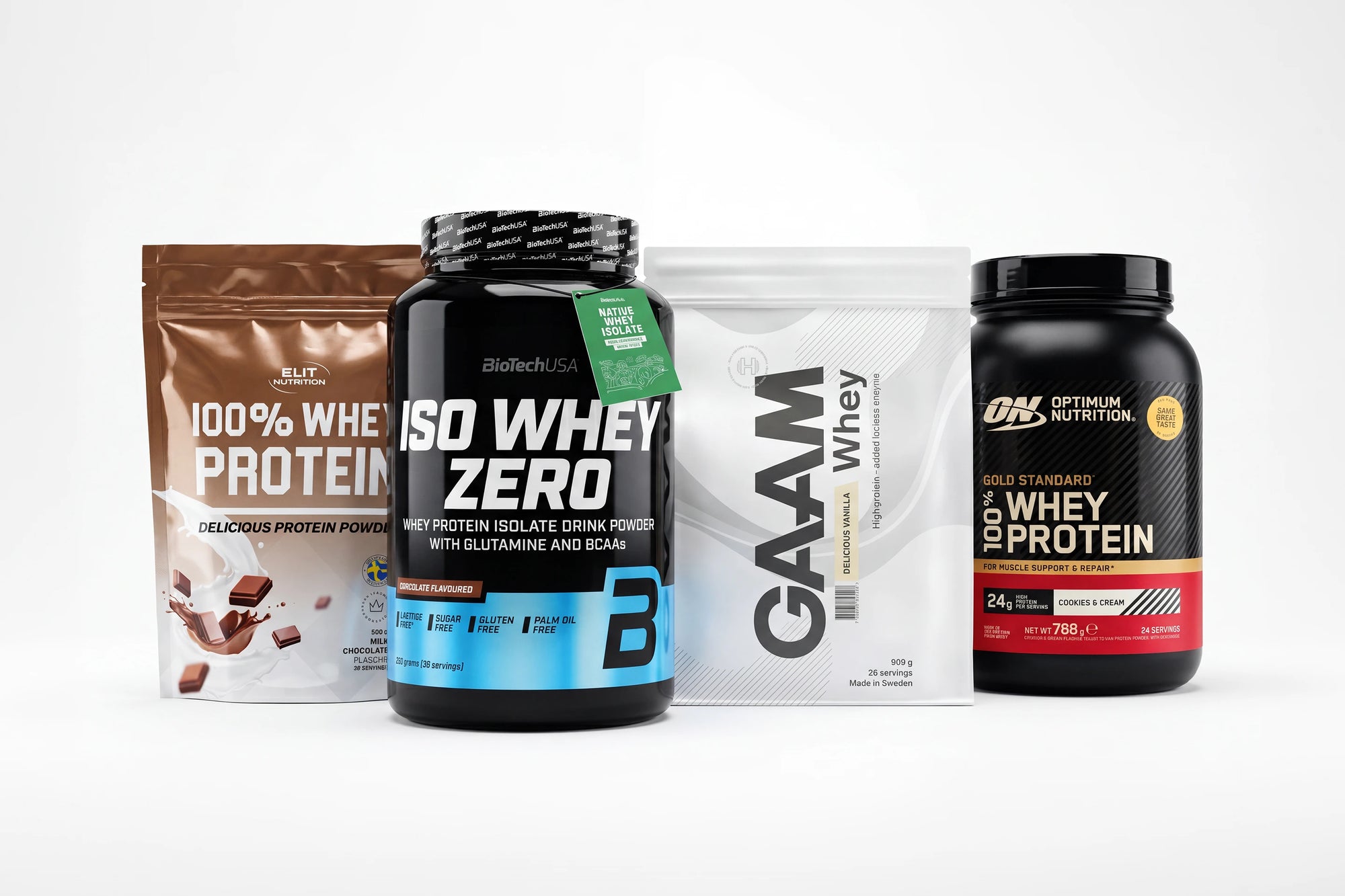 Neljä heraproteiinia – GAAM, Optimum Nutrition, BioTechUSA ja Elit Nutrition – vertailussa Proteinbolagetin testissä 2026