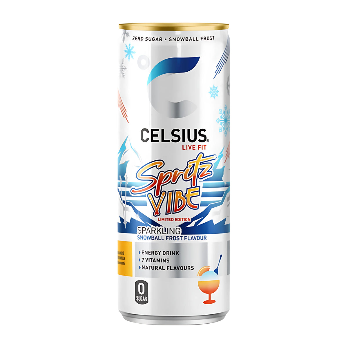 Celsius 355 ml valkoisessa tölkissä sinisin ja oranssein yksityiskohdin, makuna Spritz Vibe., kuva 9/10