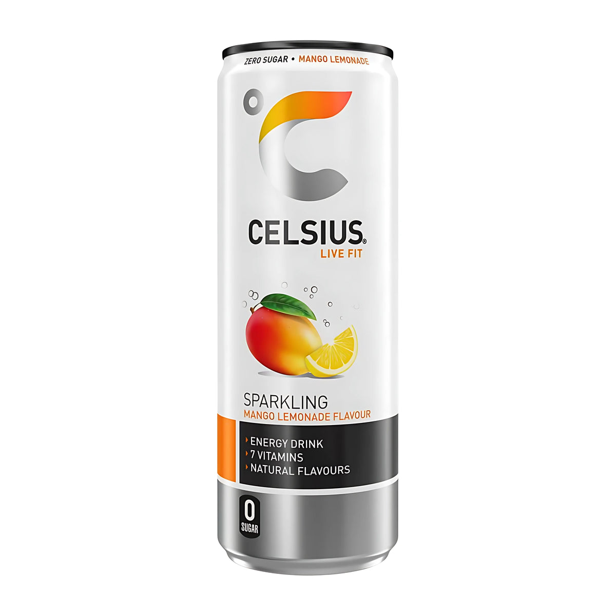 Celsius 355 ml valkoisessa tölkissä mangon ja sitruunan kuvituksella, makuna Mango Lemonade., kuva 2/10