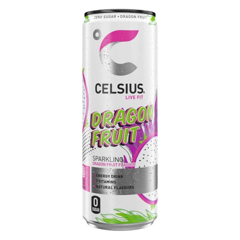 Valkoinen tölkki Celsius 355 ml -energiajuomaa Dragon Fruit -maussa pinkeillä ja vihreillä yksityiskohdilla.