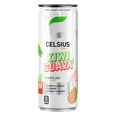 Celsius 355 ml -energiajuoma valkoisessa ja hopeanvärisessä tölkissä, makuna Kiwi Guava.