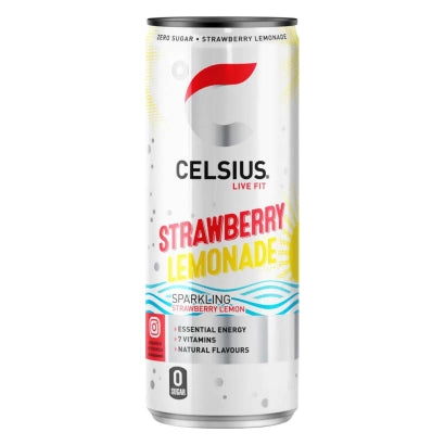 Celsius 355 ml -energiajuoma valkoisessa alumiinitölkissä punaisilla ja keltaisilla yksityiskohdilla, makuna Strawberry Lemonade.