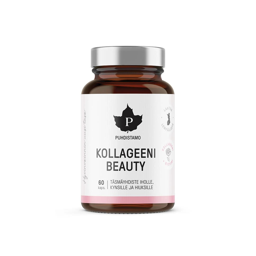 Puhdistamo Kollageeni Beauty 60 kaps ruskeassa lasipurkissa, jossa on valkoinen etiketti ja hopeanvärinen kansi.