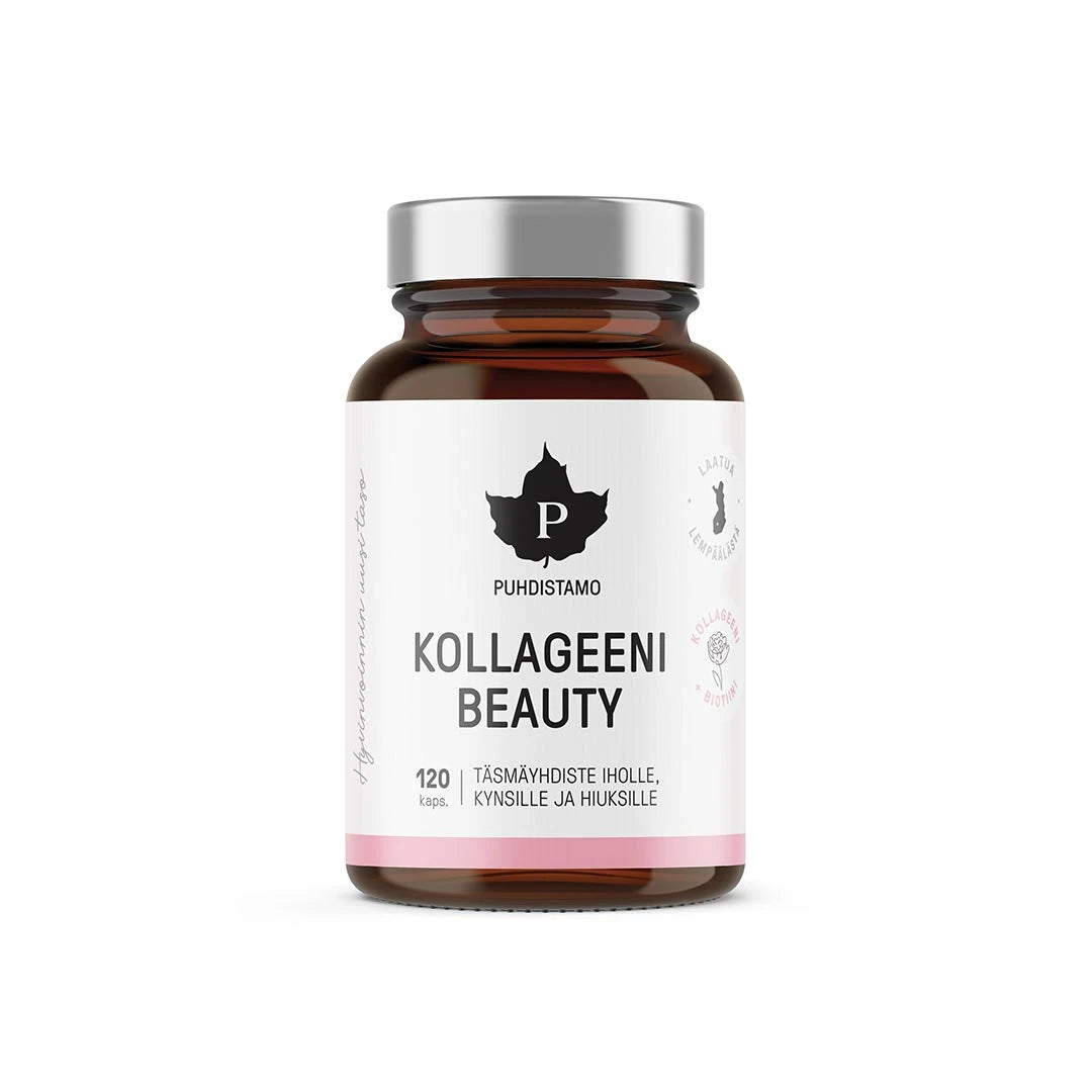 Puhdistamo Kollageeni Beauty 120 kapselia tummanruskeassa purkissa, valkoinen etiketti, pinkit yksityiskohdat ja hopeakansi.