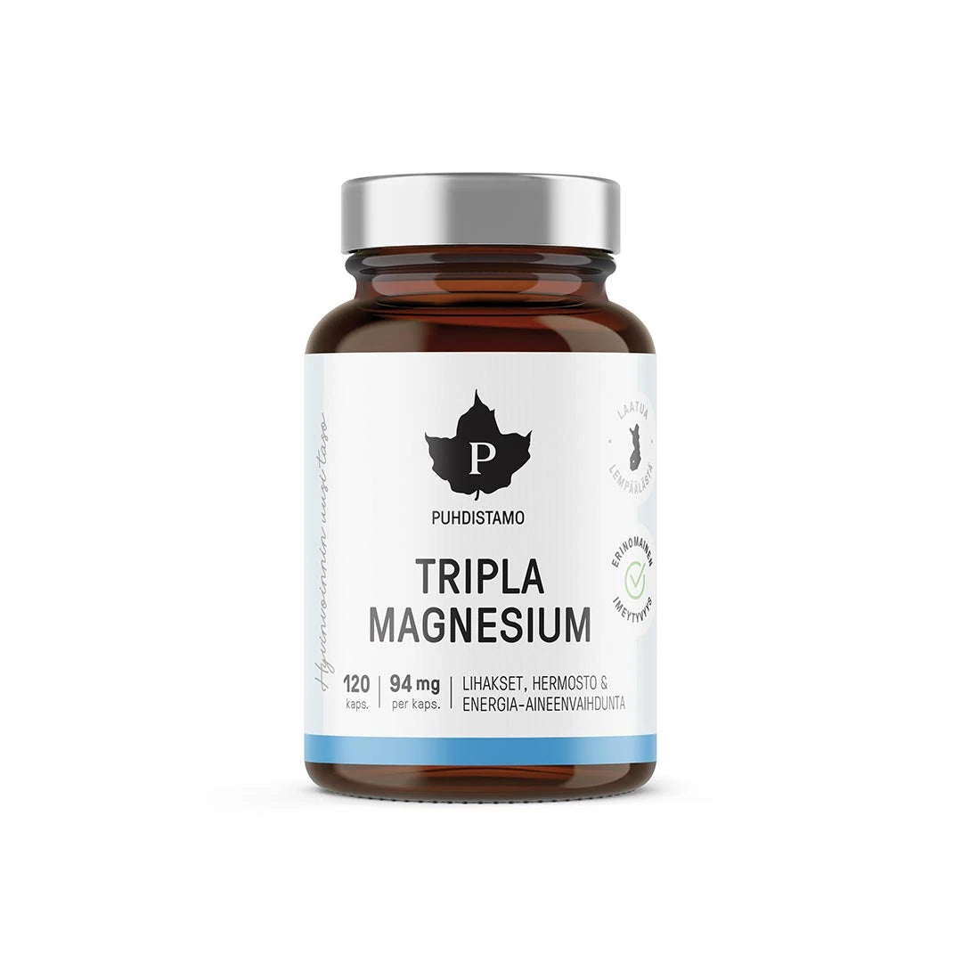 Puhdistamo Tripla Magnesium 120 kaps tummanruskeassa lasipurkissa hopeisella kannella ja valkosinisellä etiketillä.