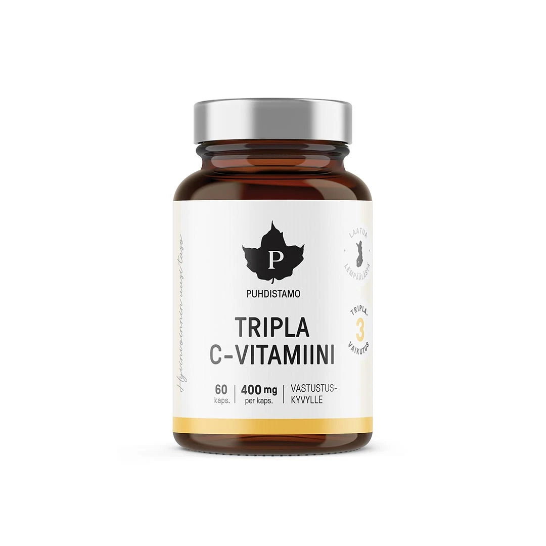 Puhdistamo Tripla C-vitamiini 60 kaps tummanruskeassa purkissa hopeisella kannella ja valkoisella etiketillä.