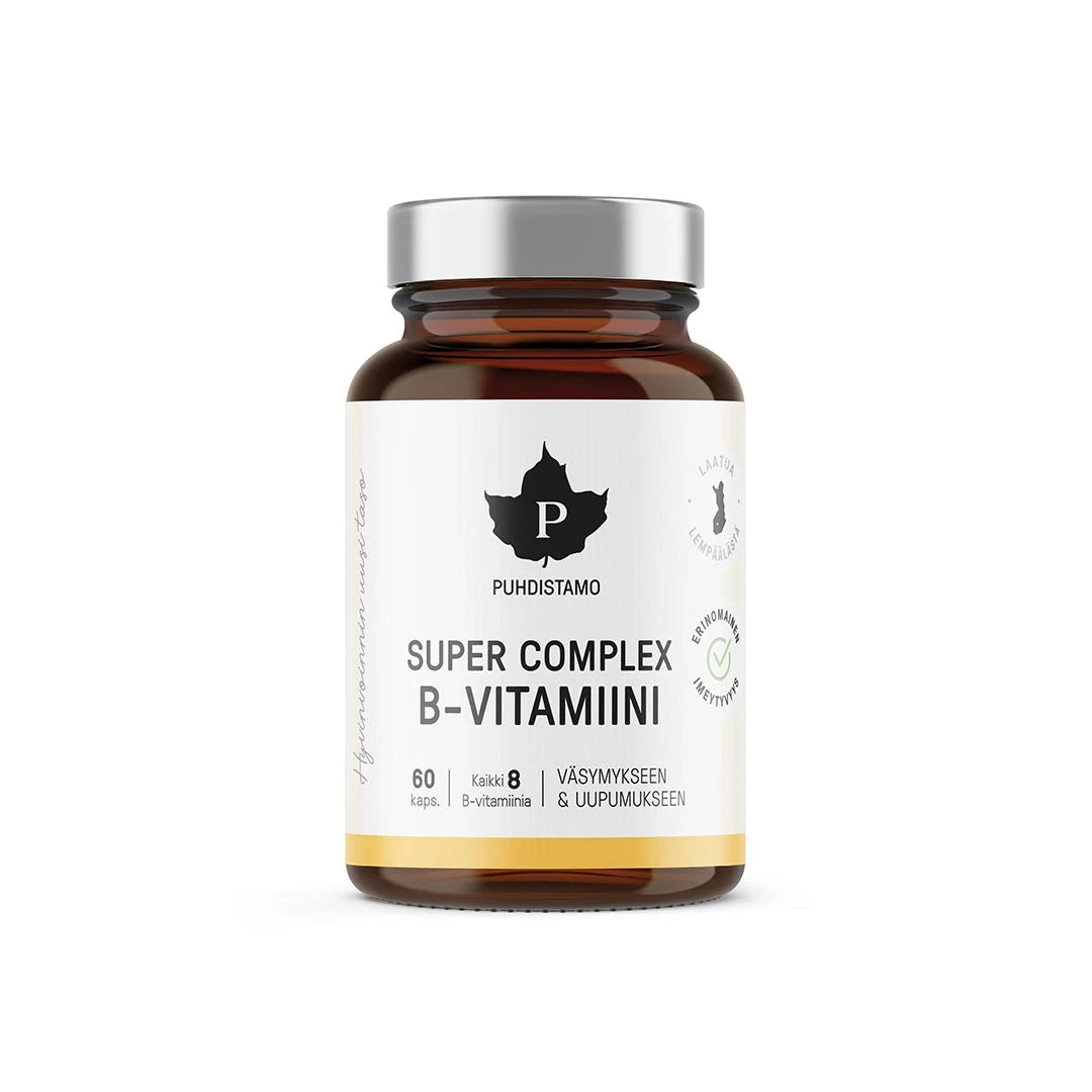 Puhdistamo Super Complex B-vitamiini 60 kaps tummassa lasipurkissa valkoisella etiketillä ja hopeisella kannella.