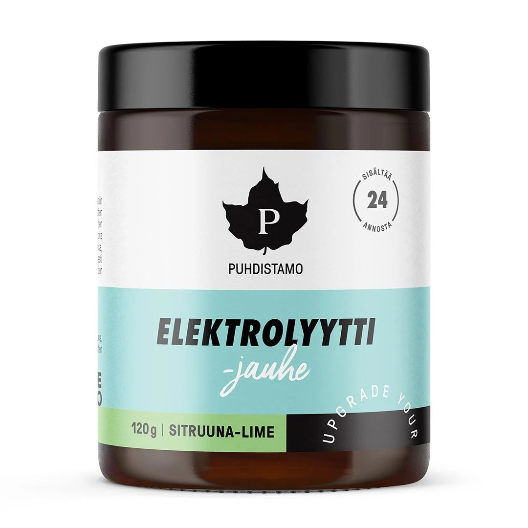 Puhdistamo Elektrolyyttijauhe 120 g -elektrolyyttijauhe ruskeassa purkissa mustalla kannella ja valko-vaaleansinisellä etiketillä, makuna Sitruuna Lime.