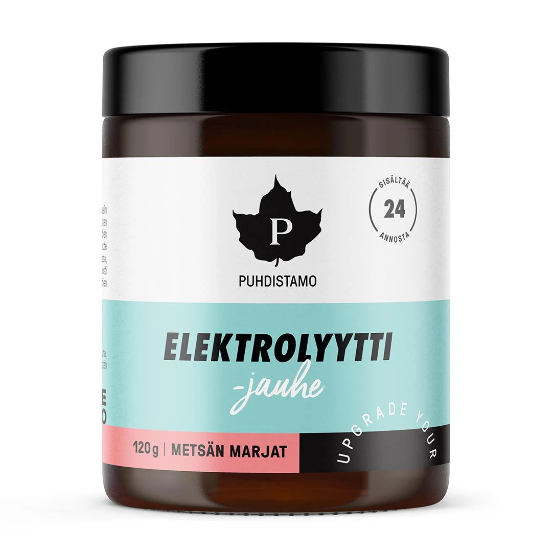 Puhdistamo Elektrolyyttijauhe 120 g -elektrolyyttijauhe tummanruskeassa purkissa vaaleansinisillä ja vaaleanpunaisilla yksityiskohdilla, makuna metsämarja.