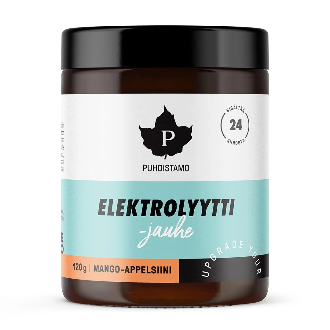 Puhdistamo Elektrolyyttijauhe 120 g -elektrolyyttijauhe tummassa purkissa oransseilla yksityiskohdilla, makuna Mango-Appelsiini., kuva 3/4