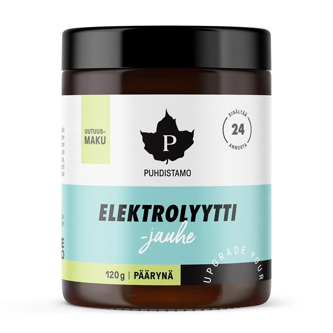 Puhdistamo Elektrolyyttijauhe 120 g -elektrolyyttijauhe tummassa purkissa vaaleansinisillä ja vaaleanvihreillä yksityiskohdilla, makuna Päärynä., kuva 4/4