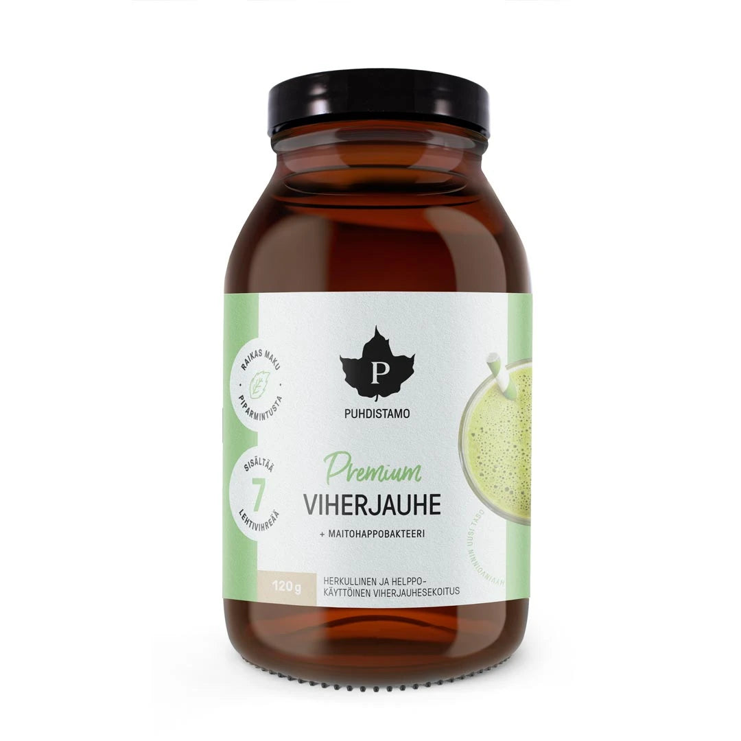 Puhdistamo Premium Viherjauhe + Maitohappobakteeri 120 g tummassa lasipurkissa vaaleanvihreällä etiketillä.