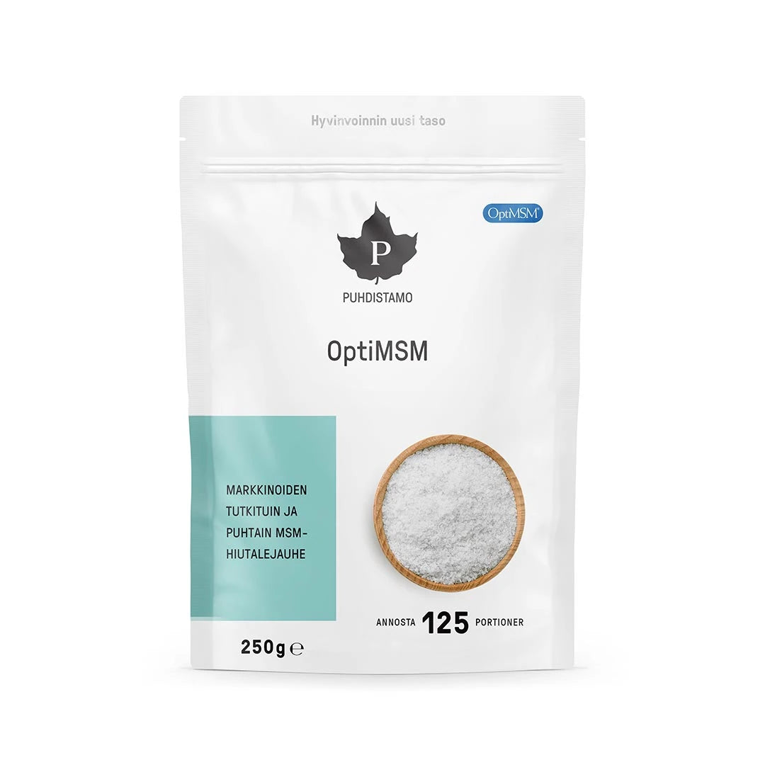 Puhdistamo OptiMSM 250 g -jauhe valkoisessa pussissa vaaleansinisillä yksityiskohdilla.