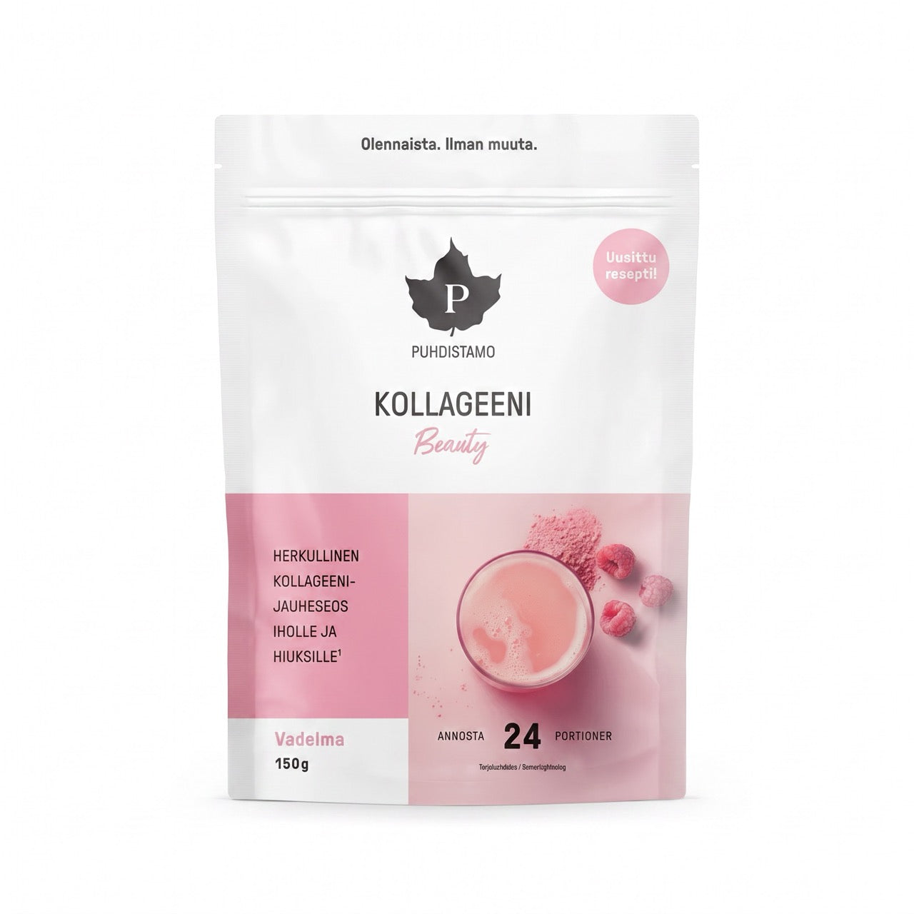 Puhdistamo Kollageeni Beauty 150 g kollagenpulver förpackad i en vit påse med rosa detaljer.