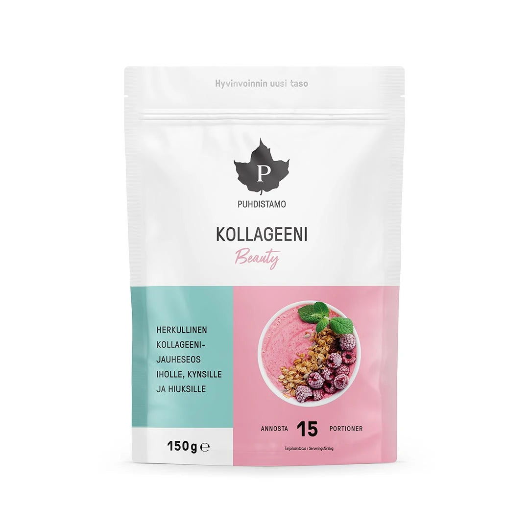 Puhdistamo Kollageeni Beauty 150 g -kollageenijauhe valkoisessa pussissa pinkeillä ja turkooseilla yksityiskohdilla.