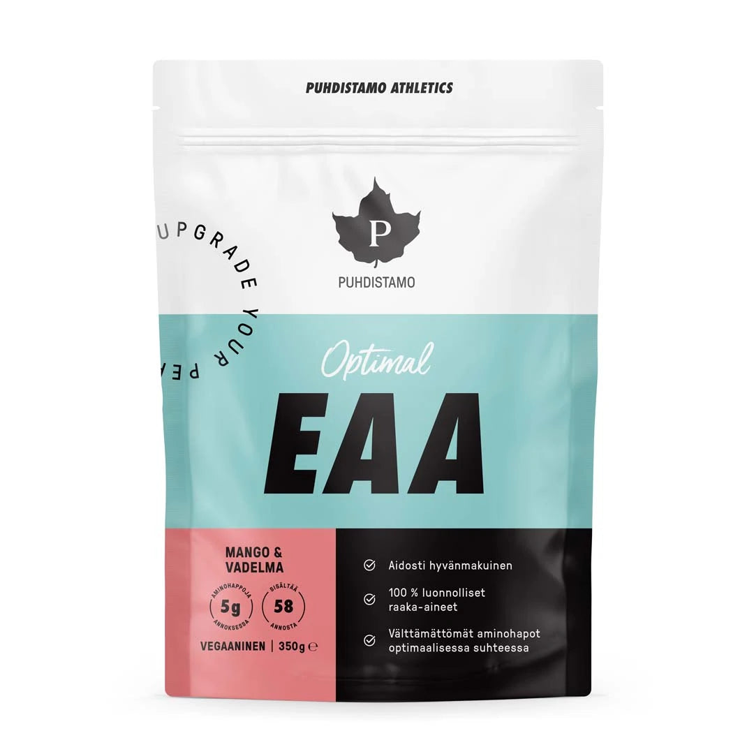 Puhdistamo Optimal EAA -jauhe 350 g valkoisessa, vaaleansinisessä ja mustassa pussissa pinkeillä yksityiskohdilla.