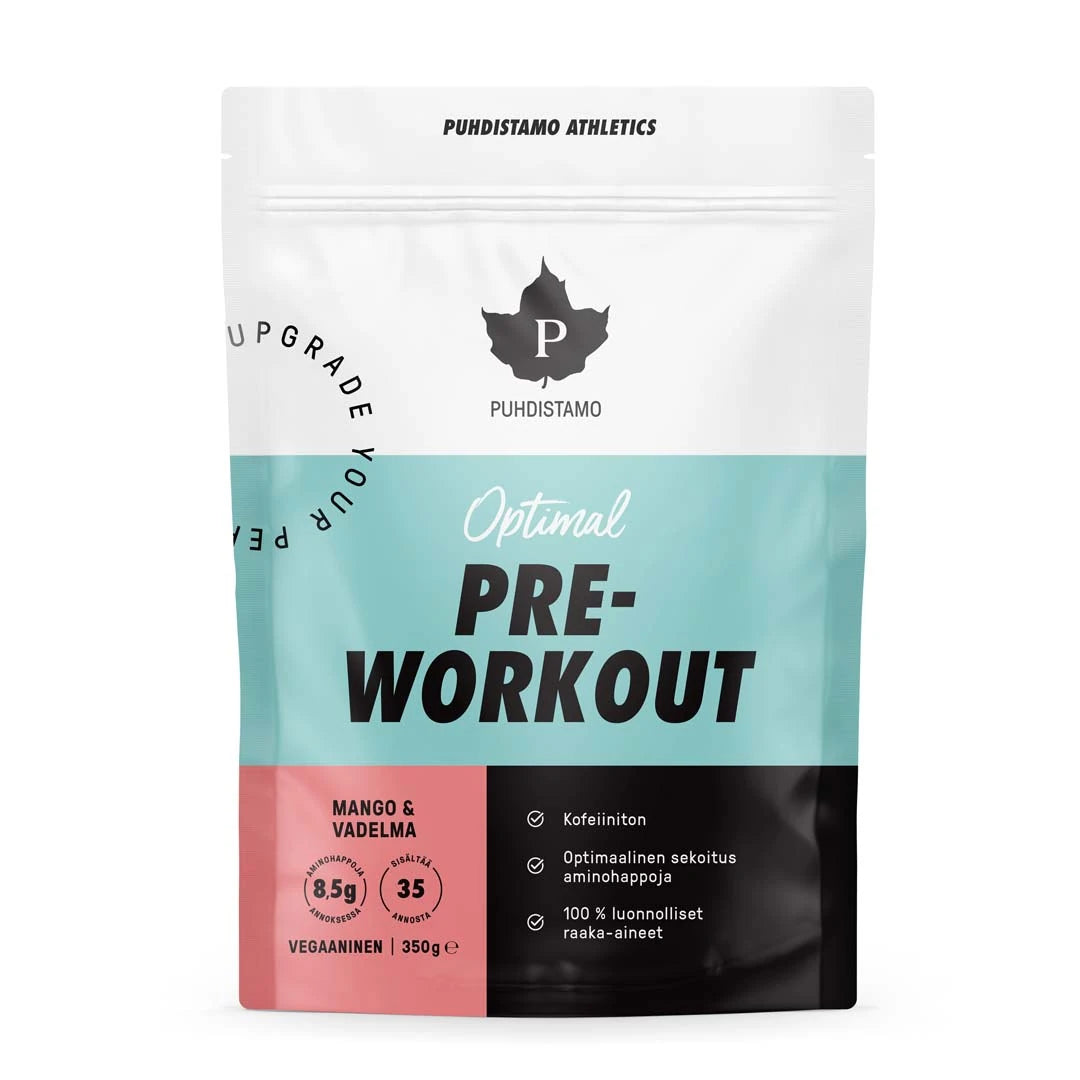 Puhdistamo Optimal Pre-Workout 350 g valkoisessa pussissa, jossa on vaaleansinisiä, vaaleanpunaisia ja mustia yksityiskohtia, makuna Mango & Vadelma.