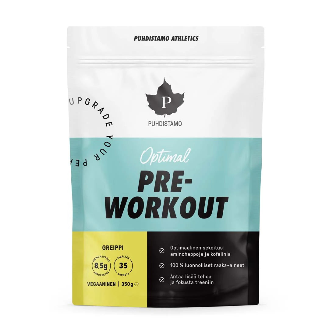 Puhdistamo Optimal Pre-Workout 350 g valkoisessa pussissa, jossa on vaaleansinisiä, mustia ja keltaisia yksityiskohtia.