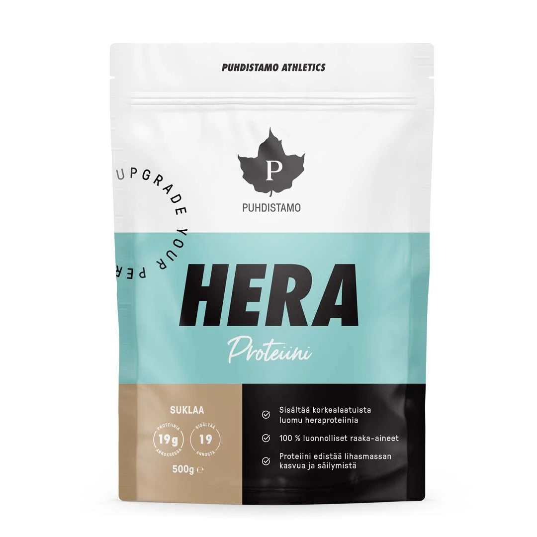 Puhdistamo HERA Proteiini 500 g -proteiinijauhe makuna Suklaa, valkoisessa pussissa turkooseilla yksityiskohdilla.