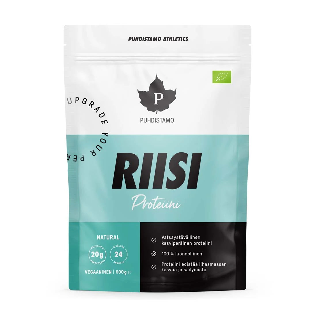 Puhdistamo RIISI Proteiini 600 g valkoisessa, turkoosissa ja mustassa pussissa.