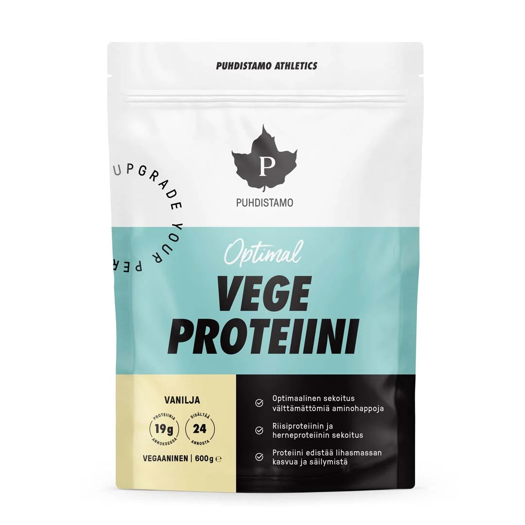 Valkoinen ja vaaleansininen pussi vaniljanmakuista Puhdistamo Optimal VEGE Proteiini 600 g -vegaaniproteiinijauhetta.