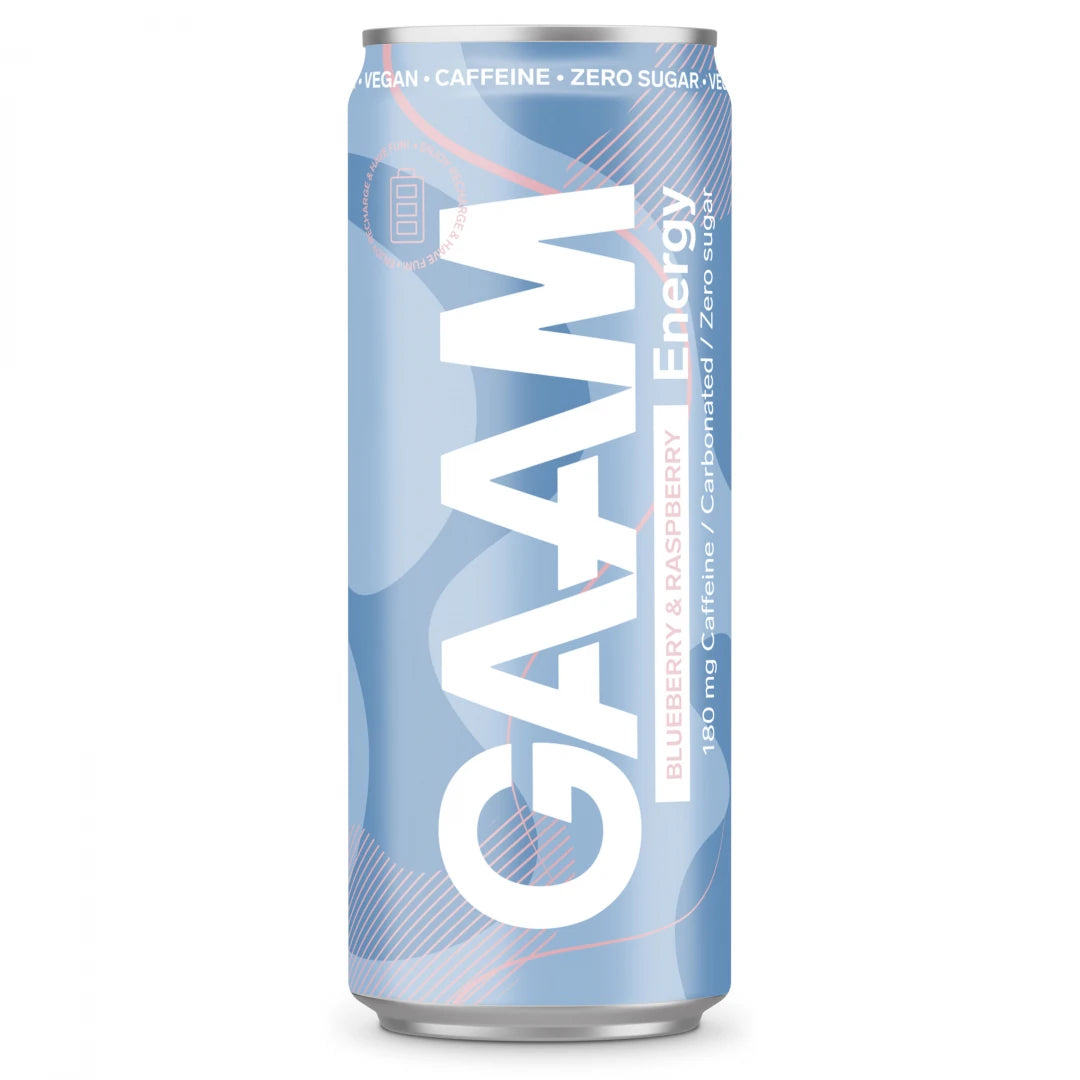 GAAM Energy 330 ml -energiajuoma vaaleansinisessä tölkissä, makuna Blueberry Raspberry.